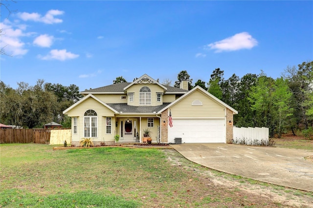 view of front facade featuring a garage, fence, concrete driveway, a chimney, and a front yard