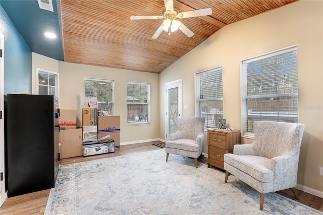 sitting room with wooden ceiling, visible vents, vaulted ceiling, and light wood-style floors