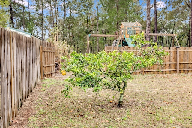 view of yard featuring a playground and a fenced backyard