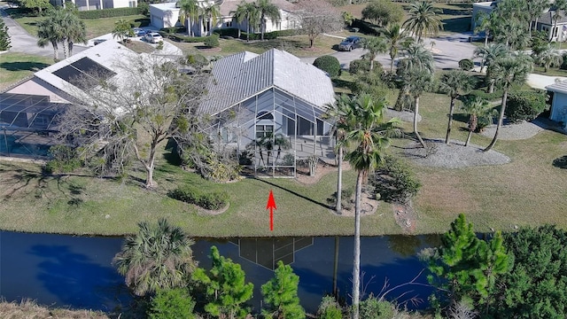 drone / aerial view featuring a water view