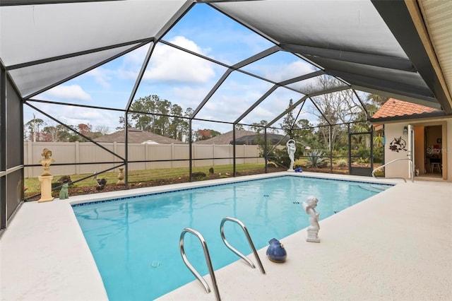 view of pool featuring a patio, a fenced backyard, a lanai, and a fenced in pool