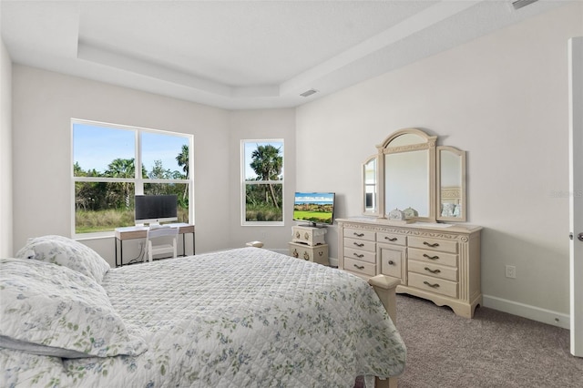 carpeted bedroom featuring visible vents, baseboards, and a raised ceiling