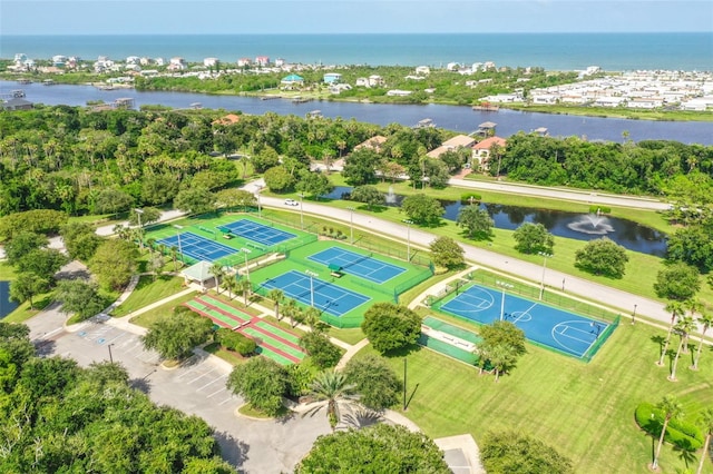 drone / aerial view with a water view