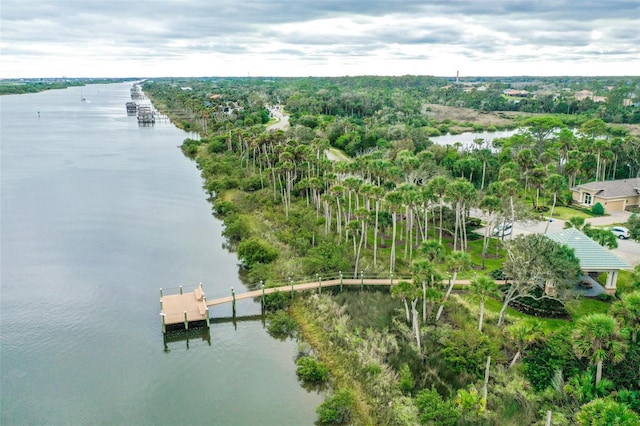 aerial view featuring a water view and a wooded view