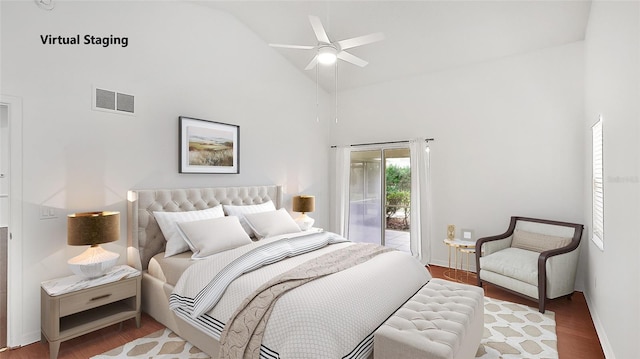 bedroom with ceiling fan, high vaulted ceiling, access to outside, and hardwood / wood-style floors