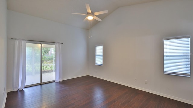 empty room featuring ceiling fan, high vaulted ceiling, and dark hardwood / wood-style floors