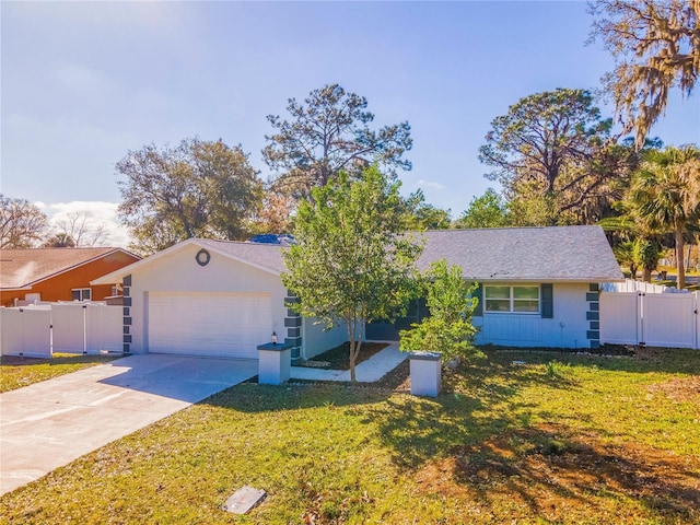 single story home with a garage, driveway, a front yard, and a gate