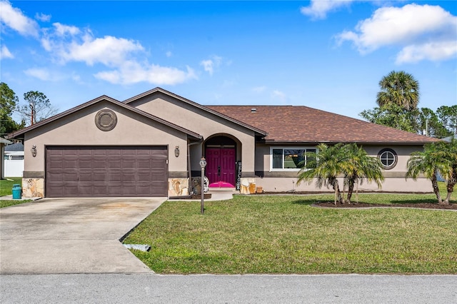 ranch-style home featuring a front yard and a garage