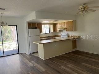 kitchen with under cabinet range hood, a peninsula, white appliances, dark wood-style flooring, and light countertops