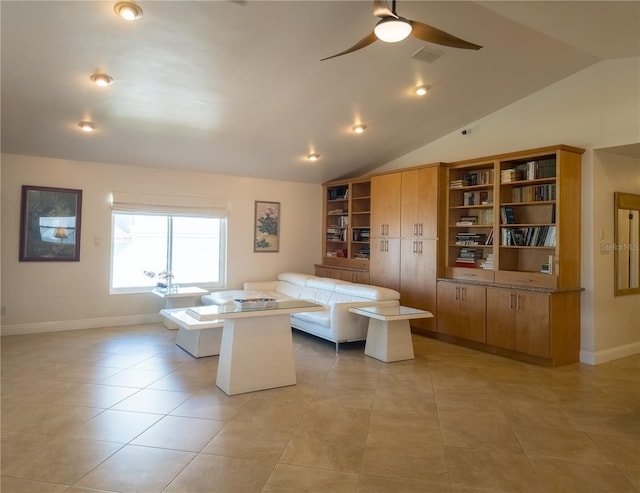 living area featuring visible vents, light tile patterned floors, vaulted ceiling, ceiling fan, and baseboards