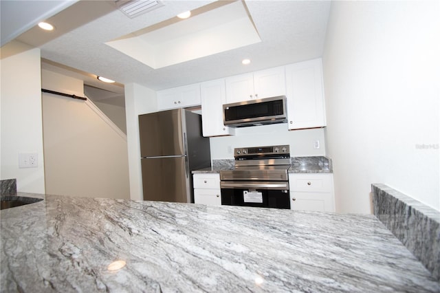 kitchen featuring appliances with stainless steel finishes, white cabinets, light stone countertops, and a barn door