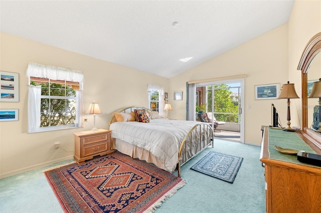 carpeted bedroom with lofted ceiling, access to outside, baseboards, and a textured ceiling