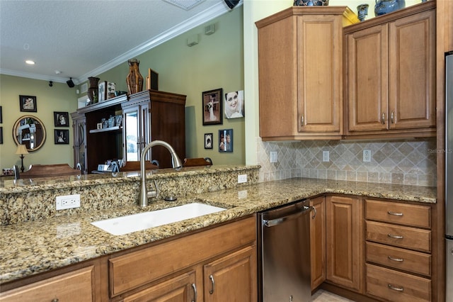 kitchen featuring stainless steel dishwasher, a sink, light stone countertops, and crown molding