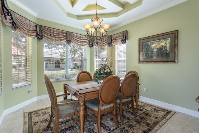 dining room featuring baseboards, a tray ceiling, a notable chandelier, and light tile patterned flooring