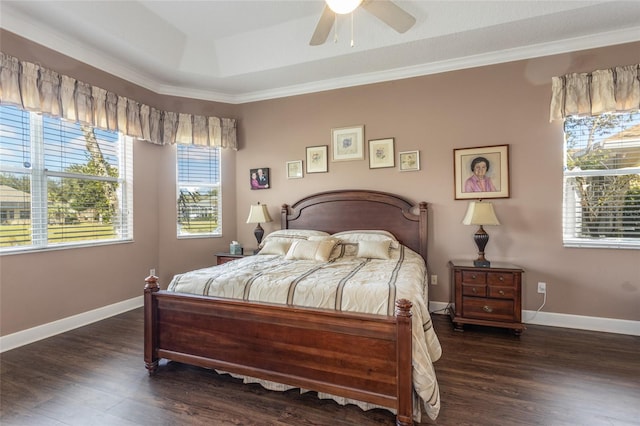 bedroom with baseboards, dark wood finished floors, a raised ceiling, ceiling fan, and crown molding