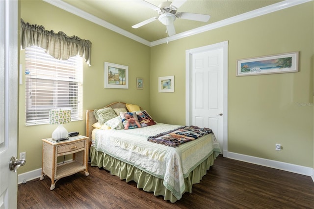 bedroom with ceiling fan, baseboards, dark wood-style flooring, and crown molding