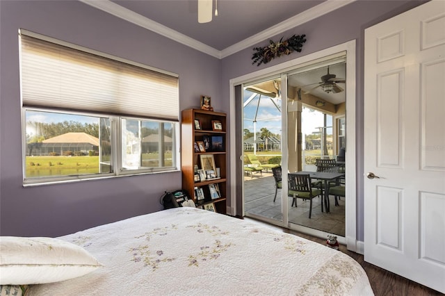 bedroom featuring ceiling fan, access to outside, dark wood-style flooring, and crown molding