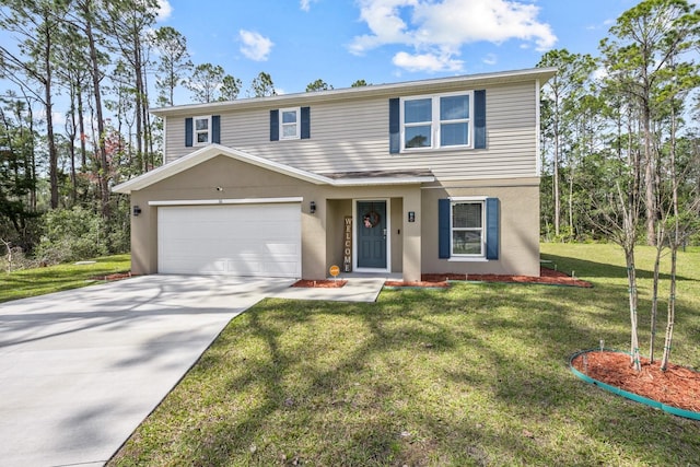 view of front of home featuring driveway, stucco siding, a garage, and a front yard