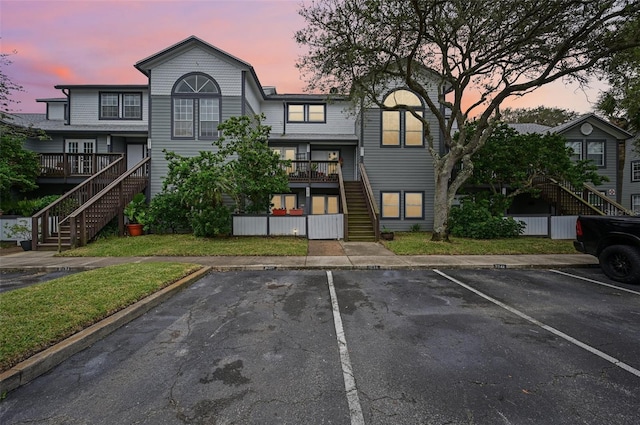 view of outdoor building at dusk