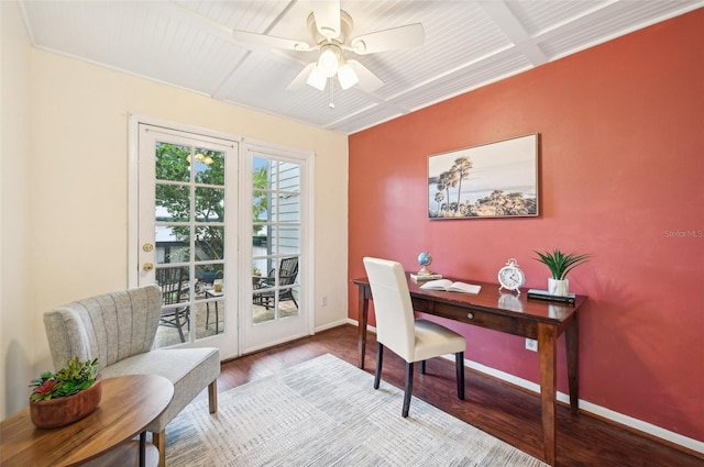 office space featuring coffered ceiling, beamed ceiling, ceiling fan, and wood-type flooring