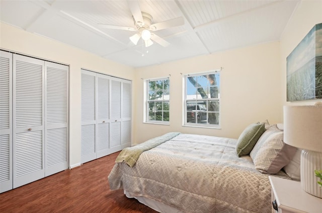 bedroom featuring coffered ceiling, two closets, ceiling fan, and wood-type flooring