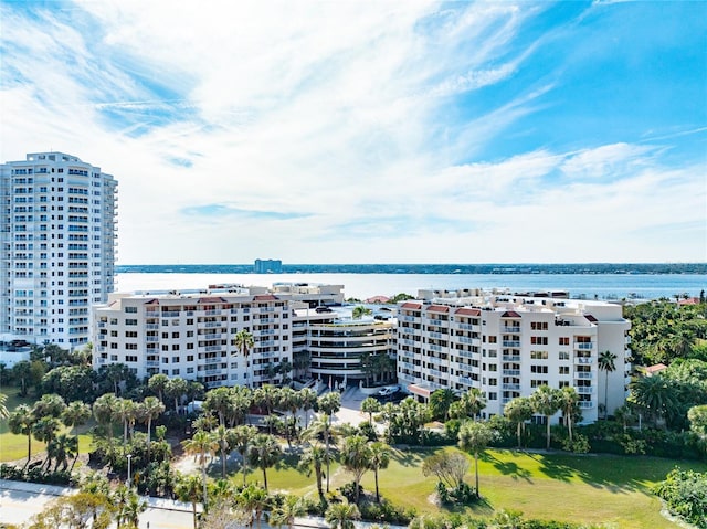 drone / aerial view with a water view