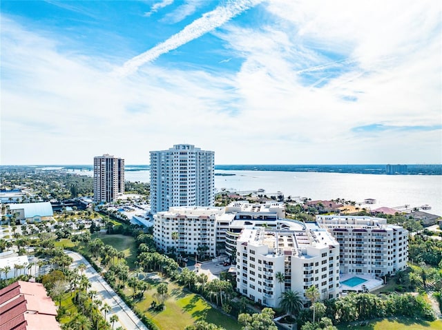 aerial view with a view of city and a water view