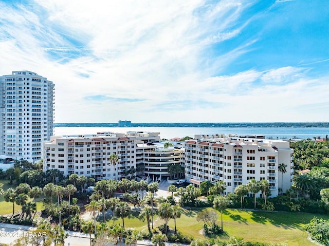 exterior space with a water view