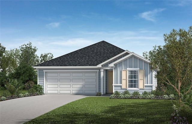 single story home with a garage, driveway, roof with shingles, board and batten siding, and a front yard