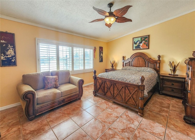 bedroom featuring vaulted ceiling, a textured ceiling, and crown molding