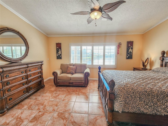 bedroom with light tile patterned floors, baseboards, ceiling fan, ornamental molding, and a textured ceiling