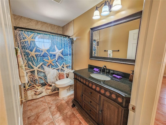 full bath featuring toilet, a shower with shower curtain, tile patterned flooring, and vanity