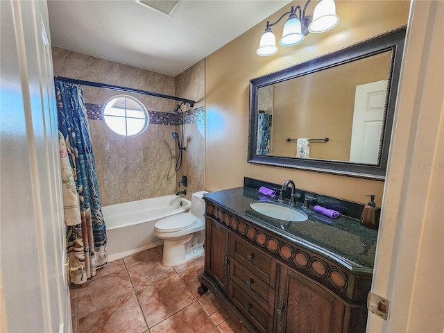 full bath featuring tile patterned flooring, vanity, toilet, and shower / bath combo with shower curtain