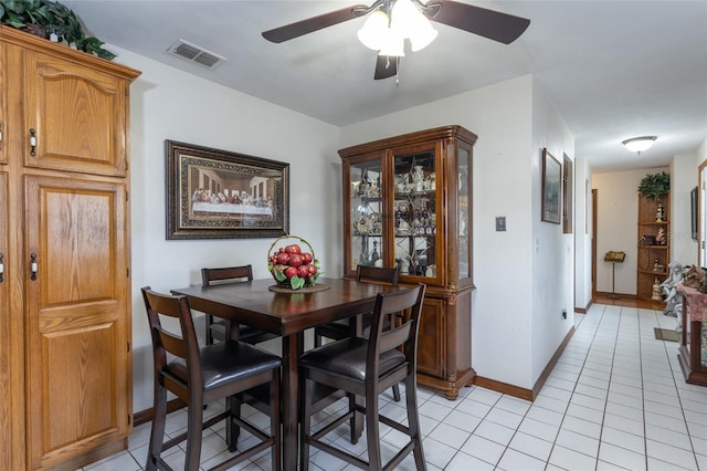 dining room with baseboards, visible vents, a ceiling fan, and light tile patterned flooring