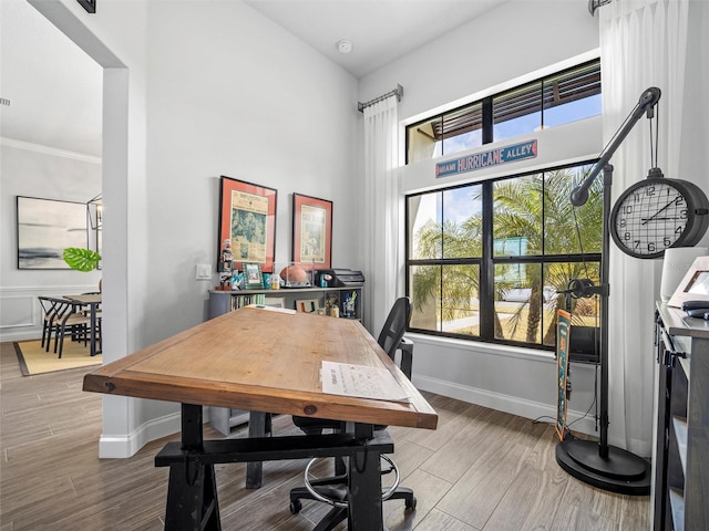 office area with baseboards, a high ceiling, and wood finished floors