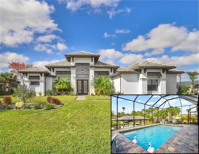 1 Chestnut Ct, Palm Coast, FL 32137 - rear view of property with french doors, stucco siding, a yard, glass enclosure, and an outdoor pool