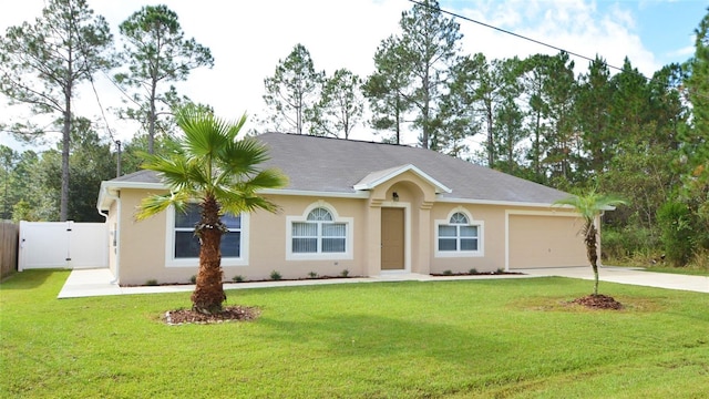 ranch-style home with a garage, concrete driveway, a gate, fence, and a front yard