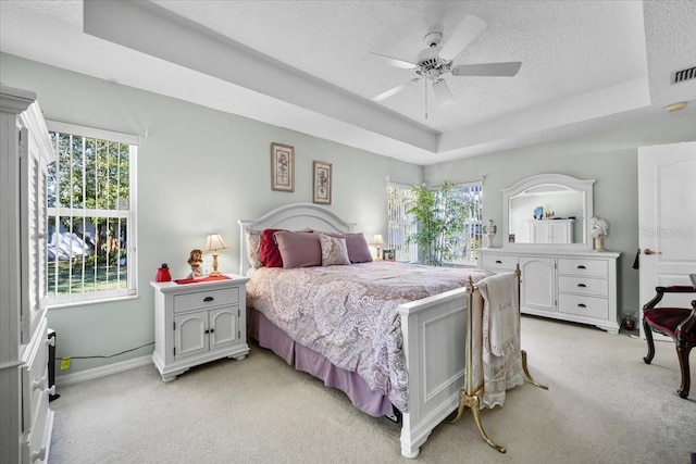 bedroom featuring a raised ceiling, light colored carpet, a textured ceiling, and multiple windows