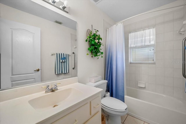 full bathroom featuring toilet, visible vents, vanity, tile patterned floors, and shower / tub combo with curtain