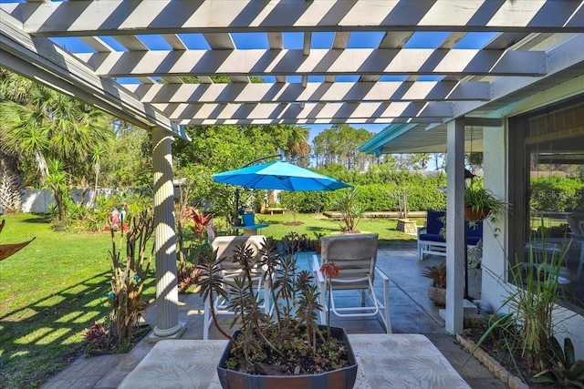 view of patio / terrace with fence and a pergola