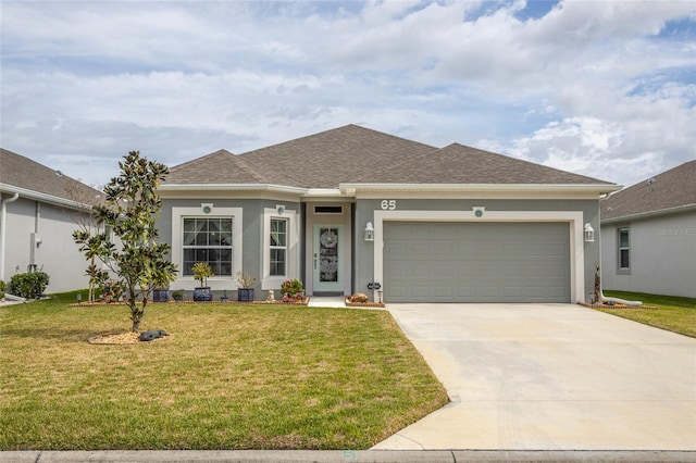 ranch-style house featuring a front lawn and stucco siding