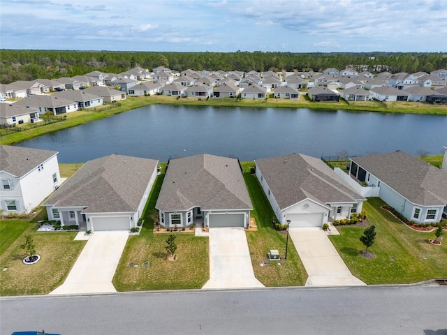 birds eye view of property featuring a water view and a residential view