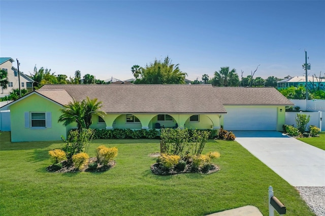 ranch-style house featuring a garage, a front yard, concrete driveway, and stucco siding