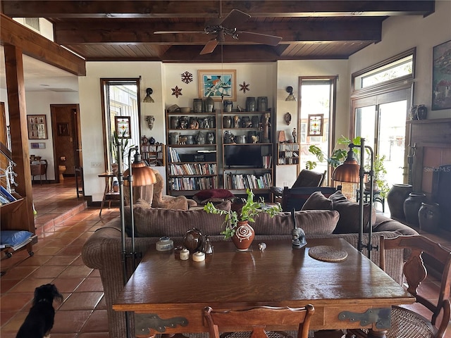 dining space featuring dark tile patterned floors, wood ceiling, ceiling fan, and beam ceiling