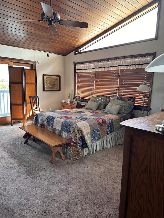 carpeted bedroom with lofted ceiling, wooden ceiling, and a ceiling fan