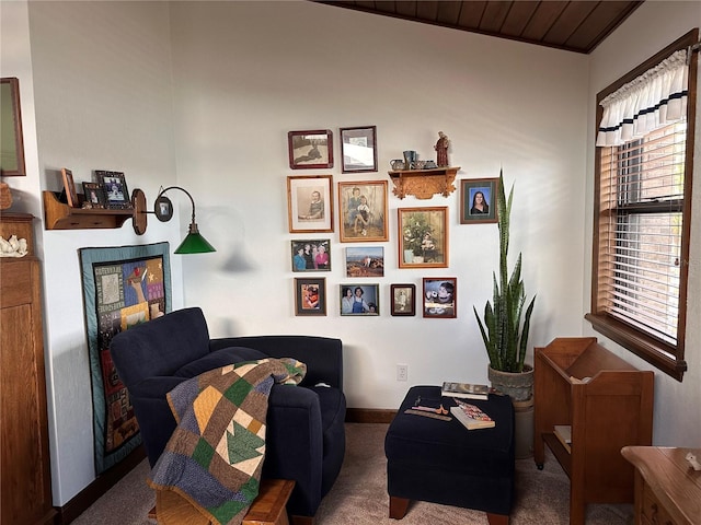 living area featuring carpet floors and baseboards