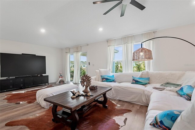 living room with ceiling fan and wood finished floors