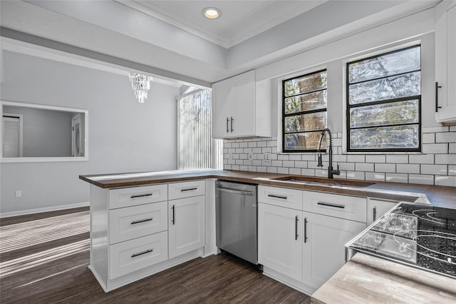 kitchen with tasteful backsplash, dishwasher, a sink, and wooden counters