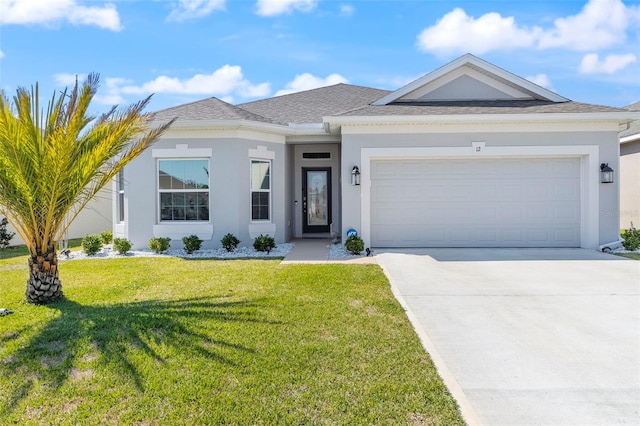 ranch-style house with stucco siding, a shingled roof, an attached garage, driveway, and a front lawn