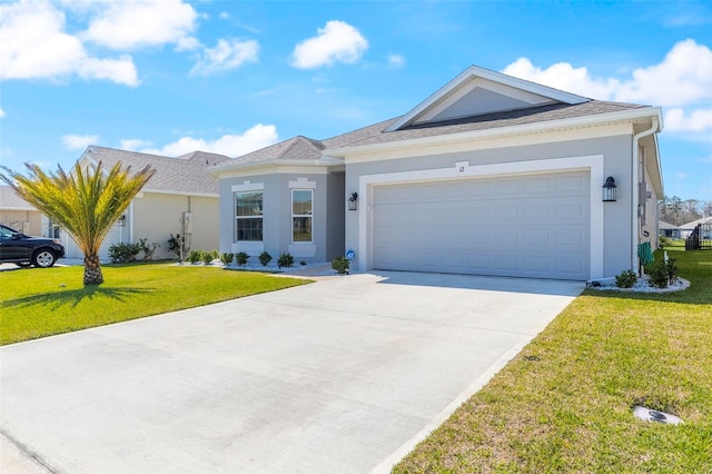 single story home featuring a garage, driveway, a front lawn, and stucco siding